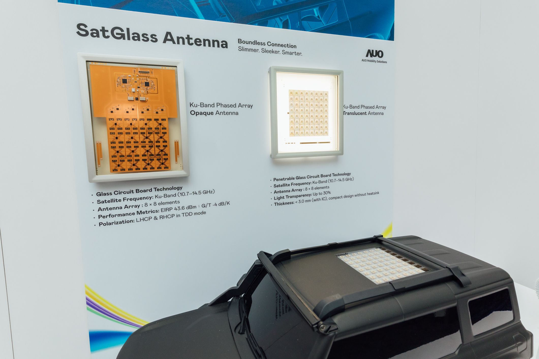 In collaboration with YTTEK Technology, AUO Mobility Solutions introduces the SatGlass Antenna, a breakthrough glass-substrate design that seamlessly integrates transparent satellite antennas into rooftops, sunroofs, and other vehicle structures. Leveraging phased-array technology and high data rate LEO satellite communications, the SatGlass Antenna enables seamless V2X, OTA updates, infotainment, and other connected services&mdash;aligning with the shift toward smart mobility.